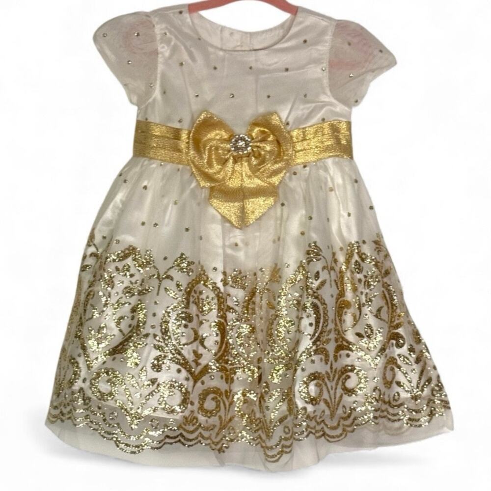 Rare Editions Little Girls Gold Glitter Dress Bow & Damask Style Print Size 18M